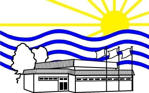 Strichzeichnung der Schwimmhalle Preetz mit Wellen und Sonne